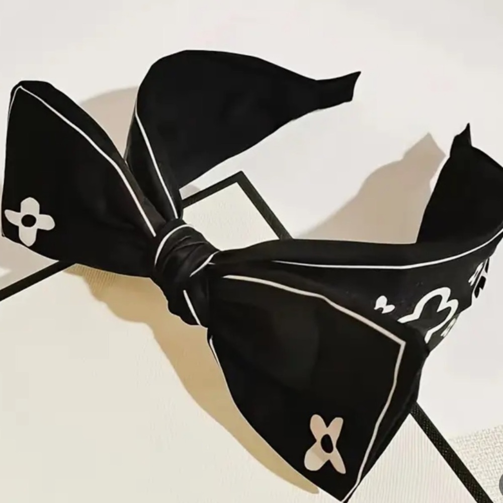 Black Bow Headband with White Accents - Women’s Hair Accessory